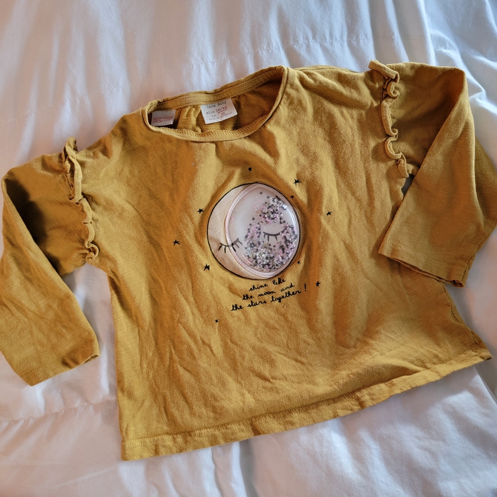 Zara Mustard Long Sleeve Tee with Moon Graphic and Shaker Confetti